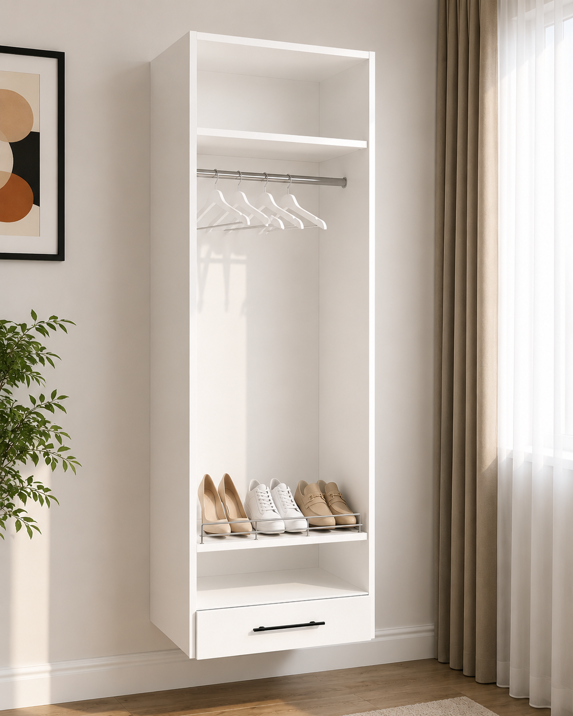 Wall-mounted closet module with hanging rod, shelf and drawer