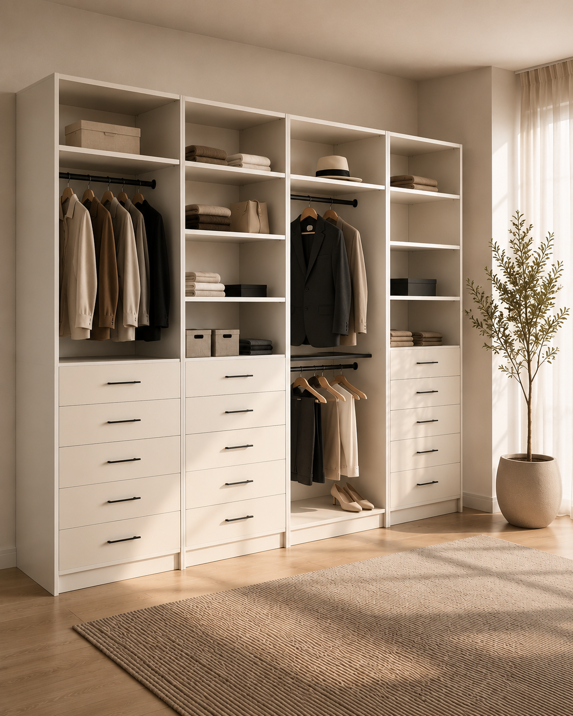 Custom closet module with drawers and shelves